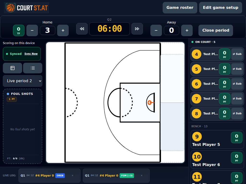 Courtstat app on a tablet showing the basketball court, game clock, on-court players and live event log